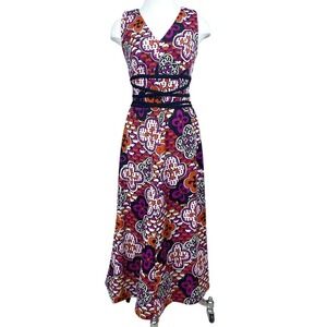 Vintage Womens (M) 70s‎ Dress Maxi V-Neck Belt Pop Art Geometric Party USA ILGWU